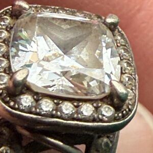 Silver-Tone White CZ Cushion Halo Ring